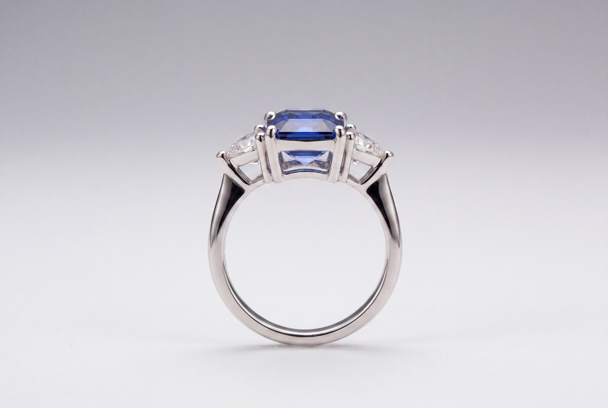 Emerald Cut Blue Sapphire Three-Stone Diamond Ring