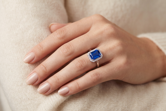 Emerald-Cut Blue Sapphire and Diamond Halo Ring