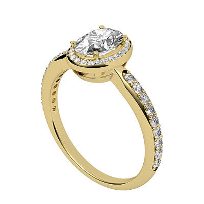 Simple Flat Oval Solitaire halo Half diamond band 4 Prongs