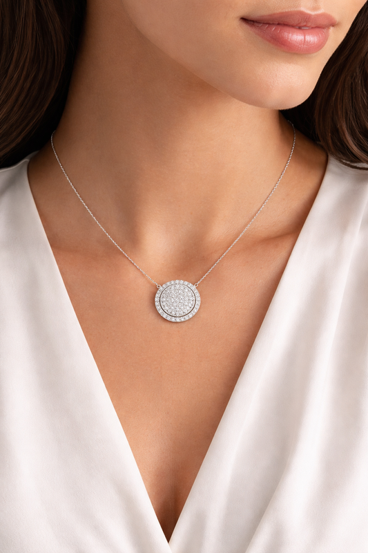 round pave halo pendant wear