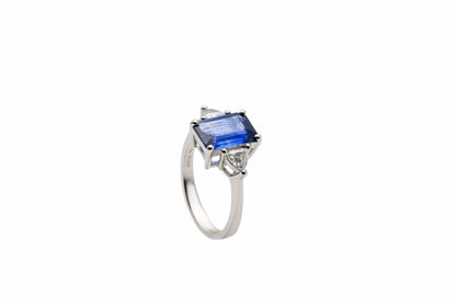 Emerald Cut Blue Sapphire Three-Stone Diamond Ring