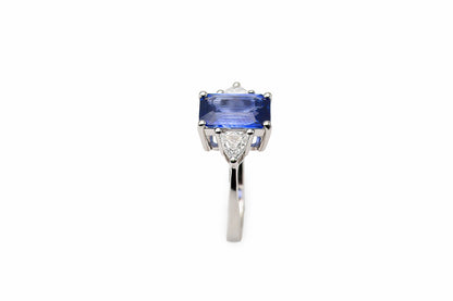Emerald Cut Blue Sapphire Three-Stone Diamond Ring