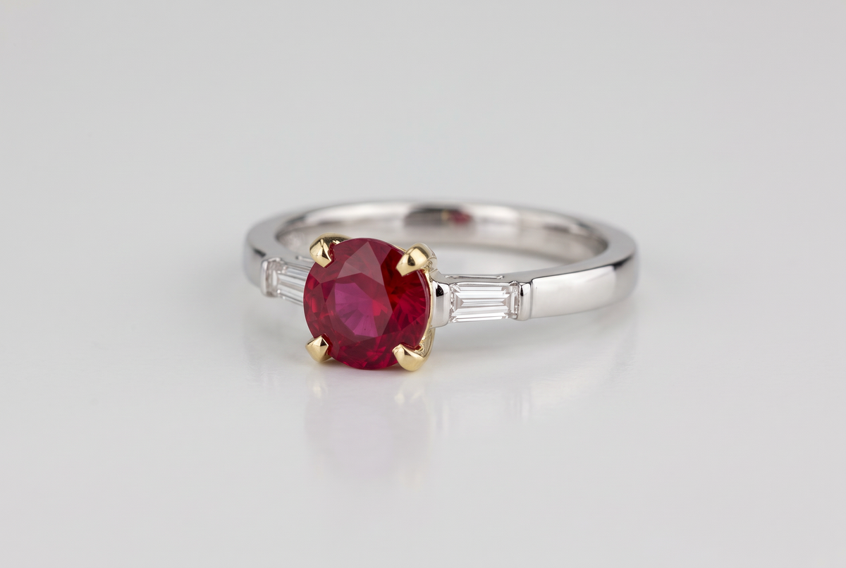 Round Ruby Baguette Diamond 18K White and Yellow G