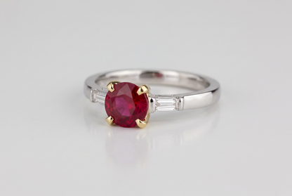 Round Ruby Baguette Diamond 18K White and Yellow G