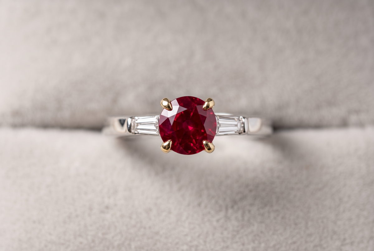 Round Ruby Baguette Diamond 18K White and Yellow G