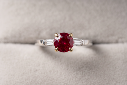 Round Ruby Baguette Diamond 18K White and Yellow G
