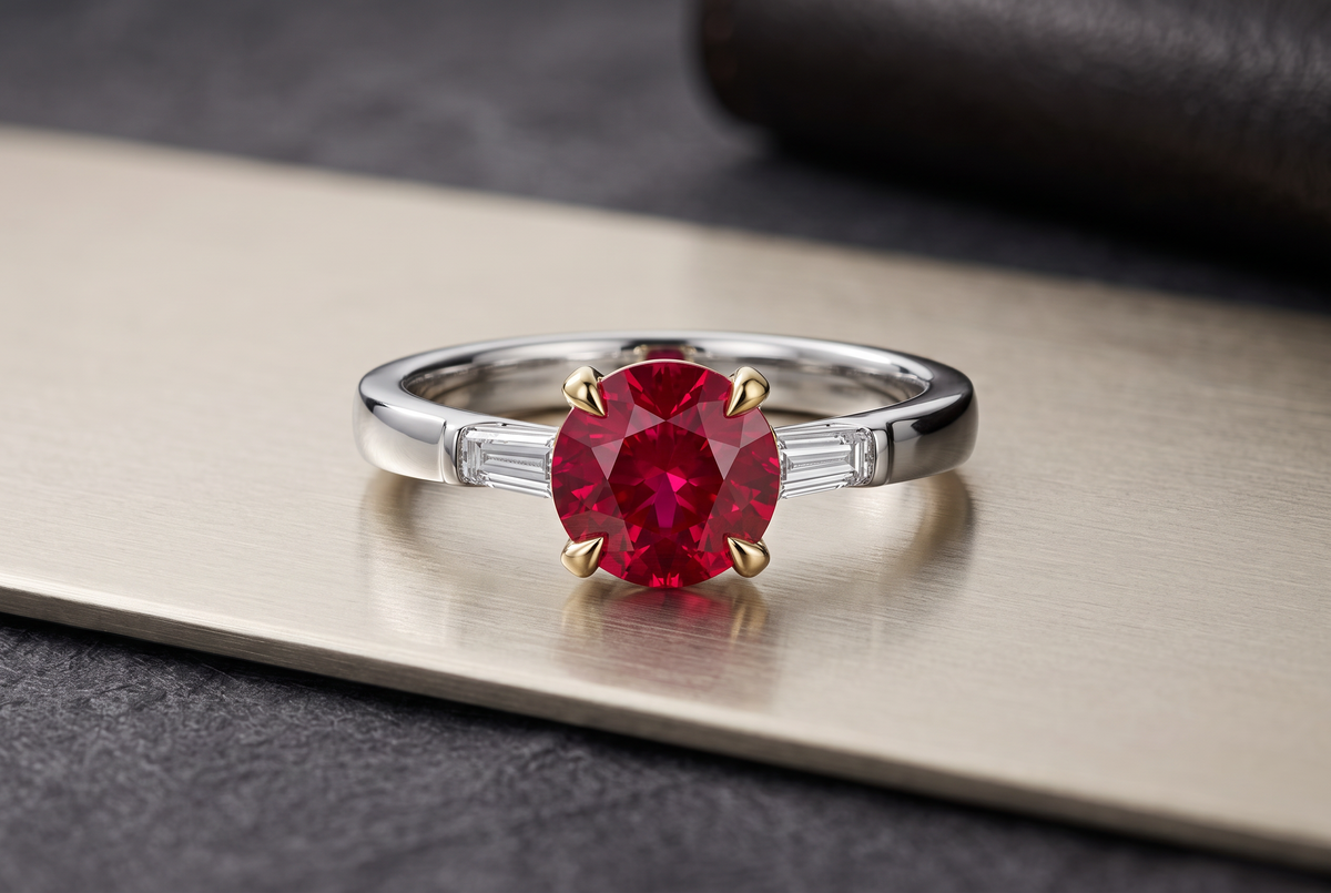 Round Ruby Baguette Diamond 18K White and Yellow G