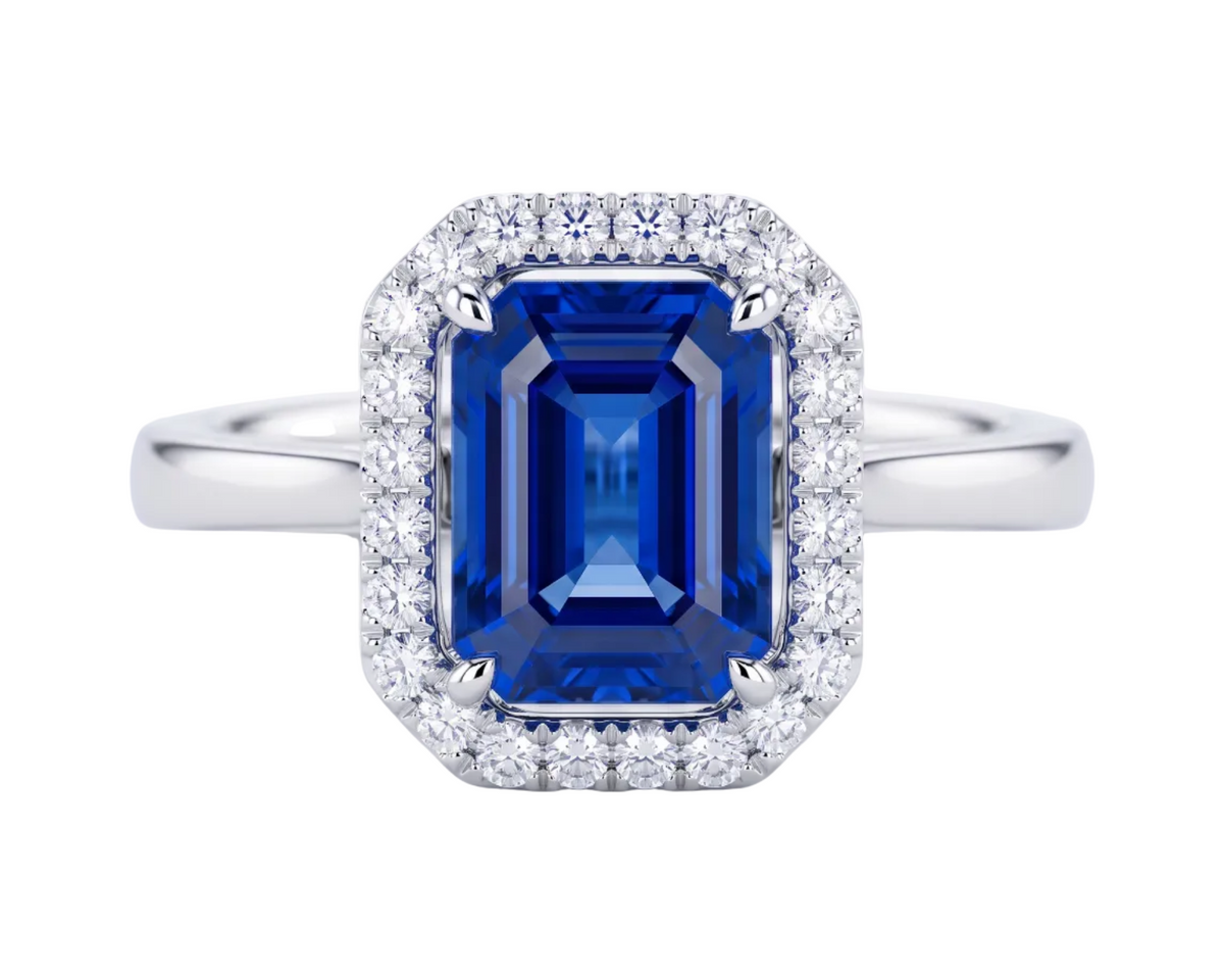 Emerald-Cut Blue Sapphire and Diamond Halo Ring