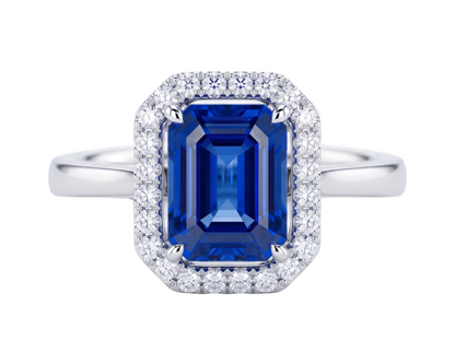 Emerald-Cut Blue Sapphire and Diamond Halo Ring