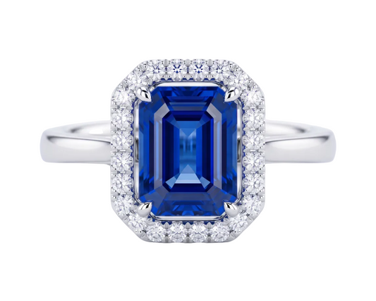 Emerald-Cut Blue Sapphire and Diamond Halo Ring