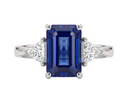 Emerald Cut Blue Sapphire Three-Stone Diamond Ring