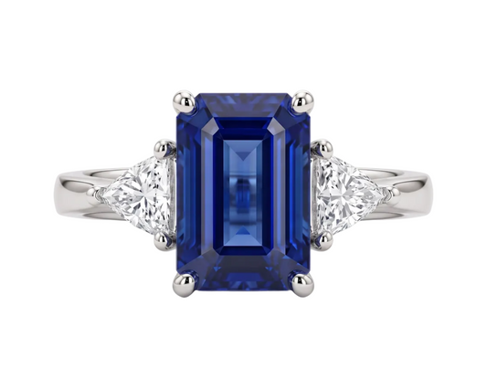 Emerald Cut Blue Sapphire Three-Stone Diamond Ring