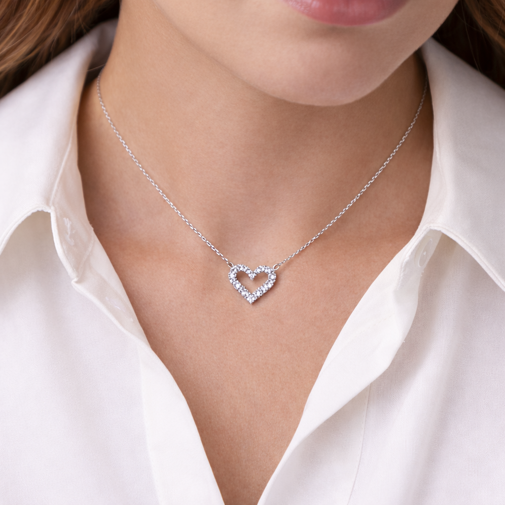 open heart diamond pendant in white gold 