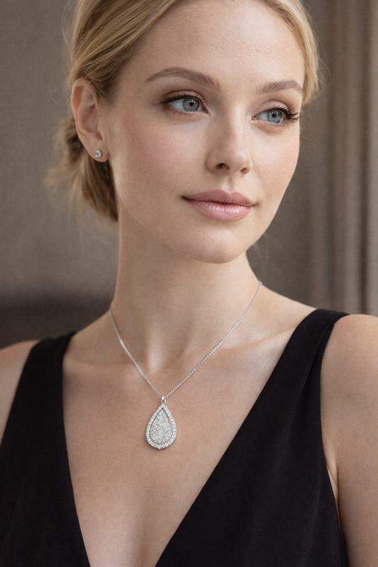 Pear Pavè Halo Pendant model wear