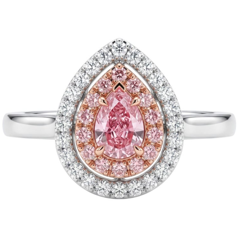 Natural Fancy Pink Pear Shape Diamond Double Halo Pavé Ring