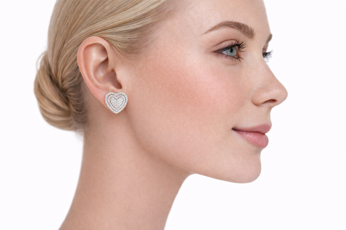  heart double halo pave earrings in white gold