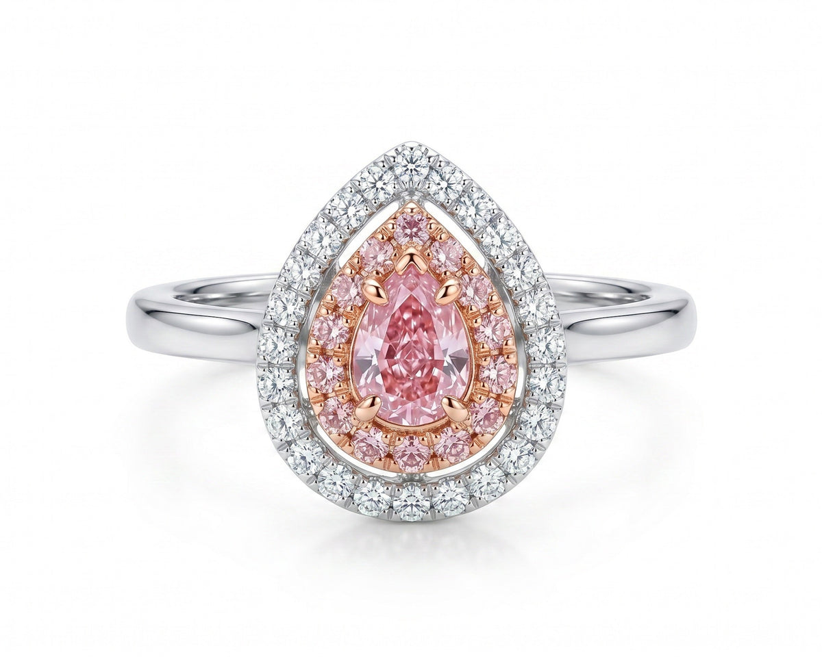 Natural Fancy Pink Pear Shape Diamond Double Halo Pavé Ring