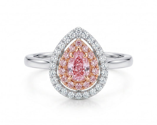 Natural Fancy Pink Pear Shape Diamond Double Halo Pavé Ring