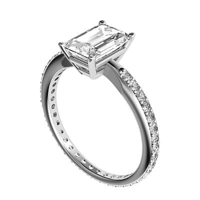 Simple Flat Emerald Solitaire Full diamond band 4 Prongs