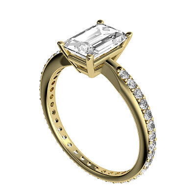 Simple Flat Emerald Solitaire Full diamond band 4 Prongs