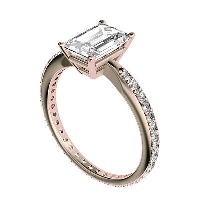 Simple Flat Emerald Solitaire Full diamond band 4 Prongs