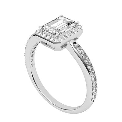 Simple Flat Emerald Solitaire halo Half diamond band 4 Prongs