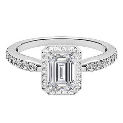 Simple Flat Emerald Solitaire halo Half diamond band 4 Prongs