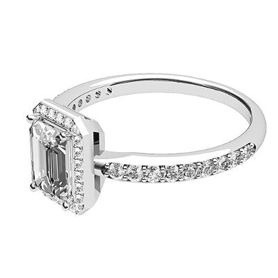 Simple Flat Emerald Solitaire halo Half diamond band 4 Prongs