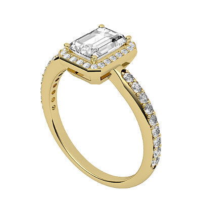 Simple Flat Emerald Solitaire halo Half diamond band 4 Prongs