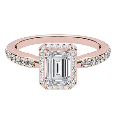 Simple Flat Emerald Solitaire halo Half diamond band 4 Prongs