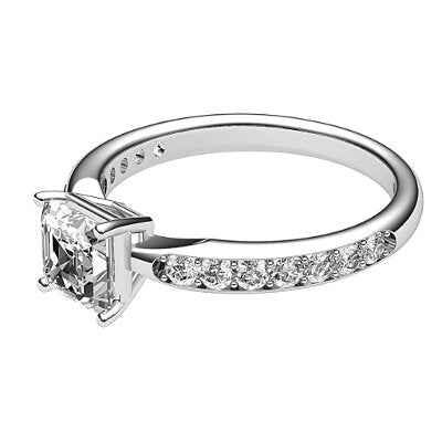 Simple Flat Asscher Solitaire Half diamond band 4 Prongs