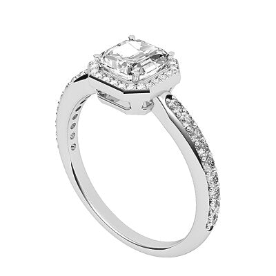 Simple Flat Asscher Solitaire halo Half diamond band 4 Prongs