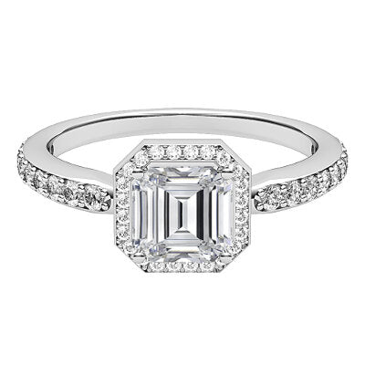 Simple Flat Asscher Solitaire halo Half diamond band 4 Prongs