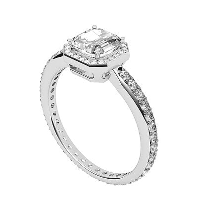 Simple Flat Asscher Solitaire halo Full diamond band 4 Prongs