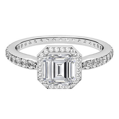 Simple Flat Asscher Solitaire halo Full diamond band 4 Prongs