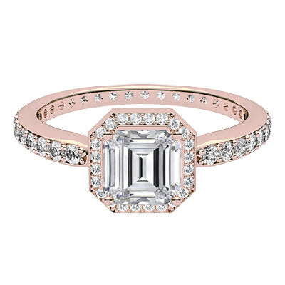 Simple Flat Asscher Solitaire halo Full diamond band 4 Prongs