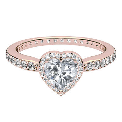 Simple Flat Heart Solitaire halo Full diamond band 3 Prongs