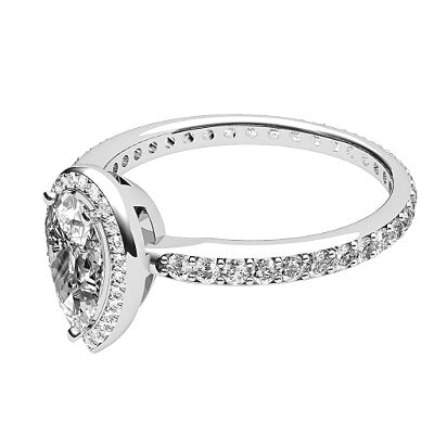 Simple Flat Pear Solitaire halo Full diamond band 3 Prongs