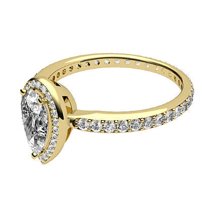Simple Flat Pear Solitaire halo Full diamond band 3 Prongs