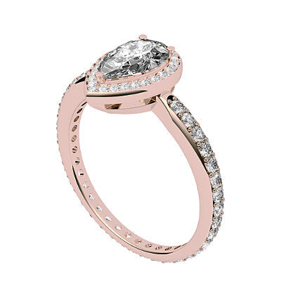 Simple Flat Pear Solitaire halo Full diamond band 3 Prongs