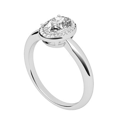 Simple Flat Oval Solitaire halo Classic band 4 Prongs
