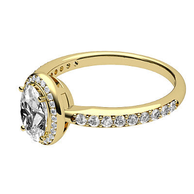 Simple Flat Oval Solitaire halo Half diamond band 4 Prongs