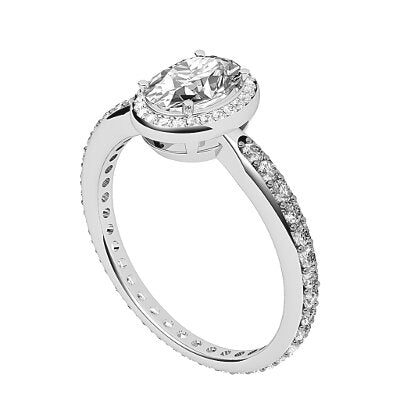 Simple Flat Oval Solitaire halo Full diamond band 4 Prongs