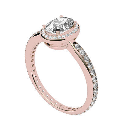 Simple Flat Oval Solitaire halo Full diamond band 4 Prongs