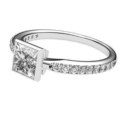 Simple Flat Princess Solitaire Half diamond band