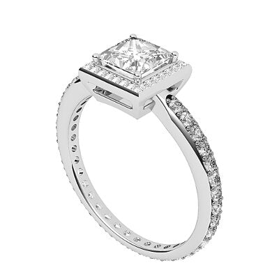 Simple Flat Princess Solitaire halo Full diamond band 4 Prongs