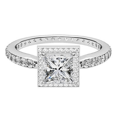Simple Flat Princess Solitaire halo Full diamond band 4 Prongs