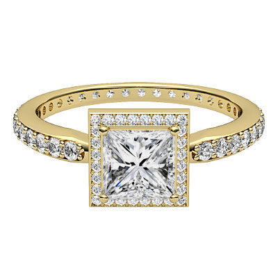 Simple Flat Princess Solitaire halo Full diamond band 4 Prongs