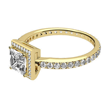 Simple Flat Princess Solitaire halo Full diamond band 4 Prongs