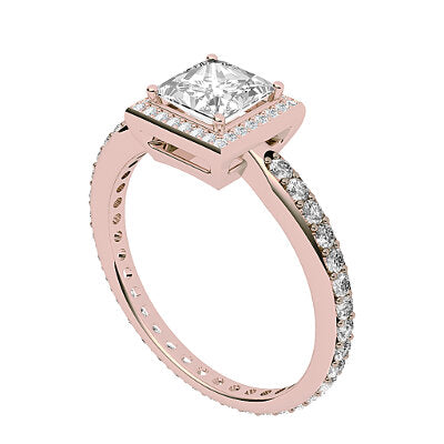 Simple Flat Princess Solitaire halo Full diamond band 4 Prongs